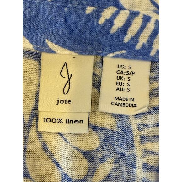 JOIE Blue Print 100% Linen Top Shirt Blouse Women size S Resort - Picture 5 of 7